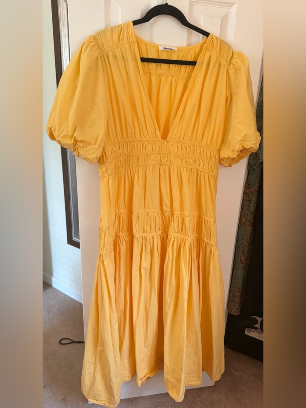 Showpo Yellow Puff-Sleeve Midi Dress